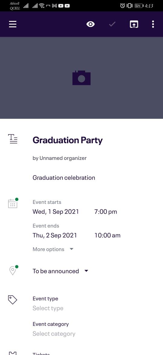 Screenshot of event management app