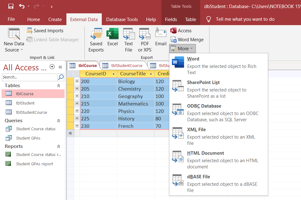 Different formats of exporting data from MS Access