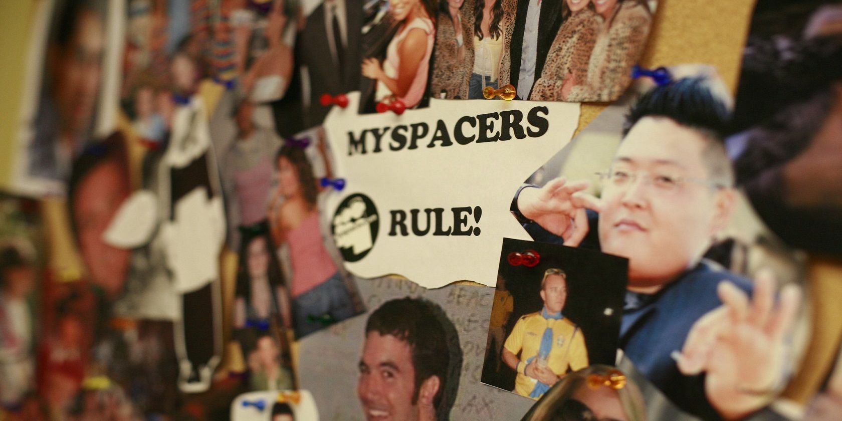 Myspacers Rule corkboard and photo collage