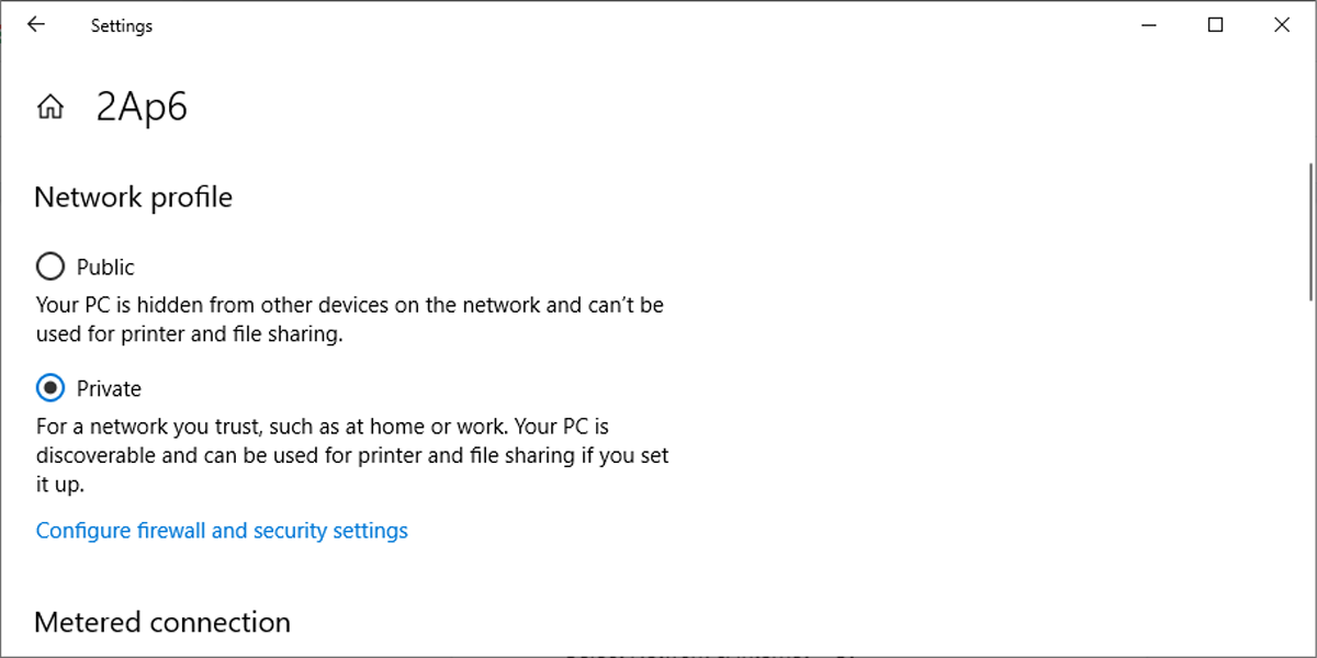 Network profile settings in Windows 10