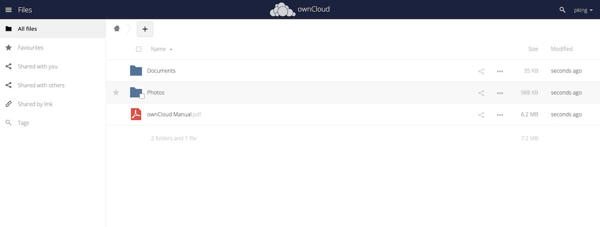 ownCloud dashboard files view