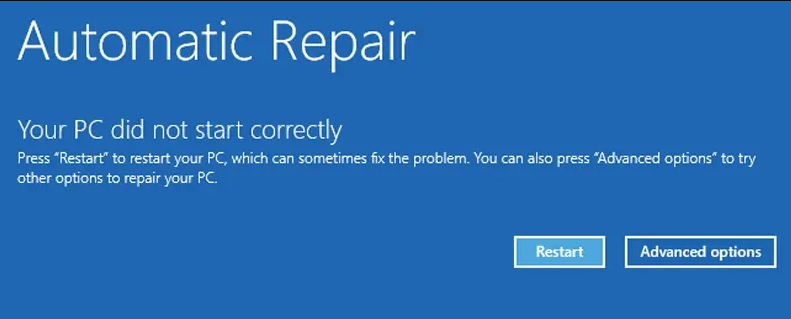 PC Did Not Start Correctly Error Screen