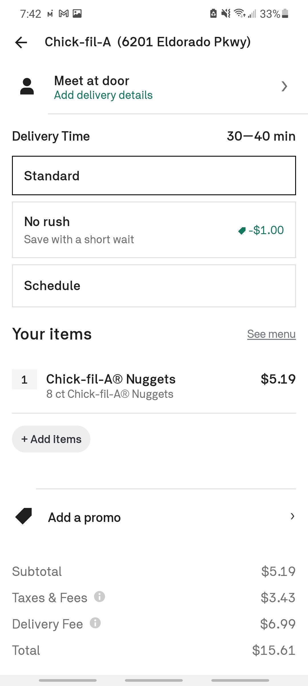 postmates delivery screen from chikfila