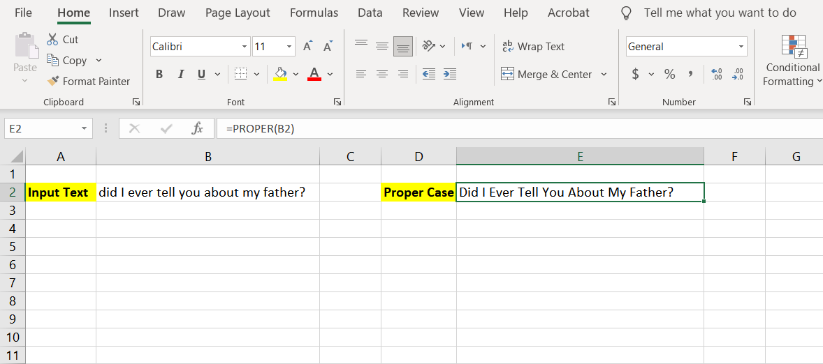 Usage of PROPER function in Excel