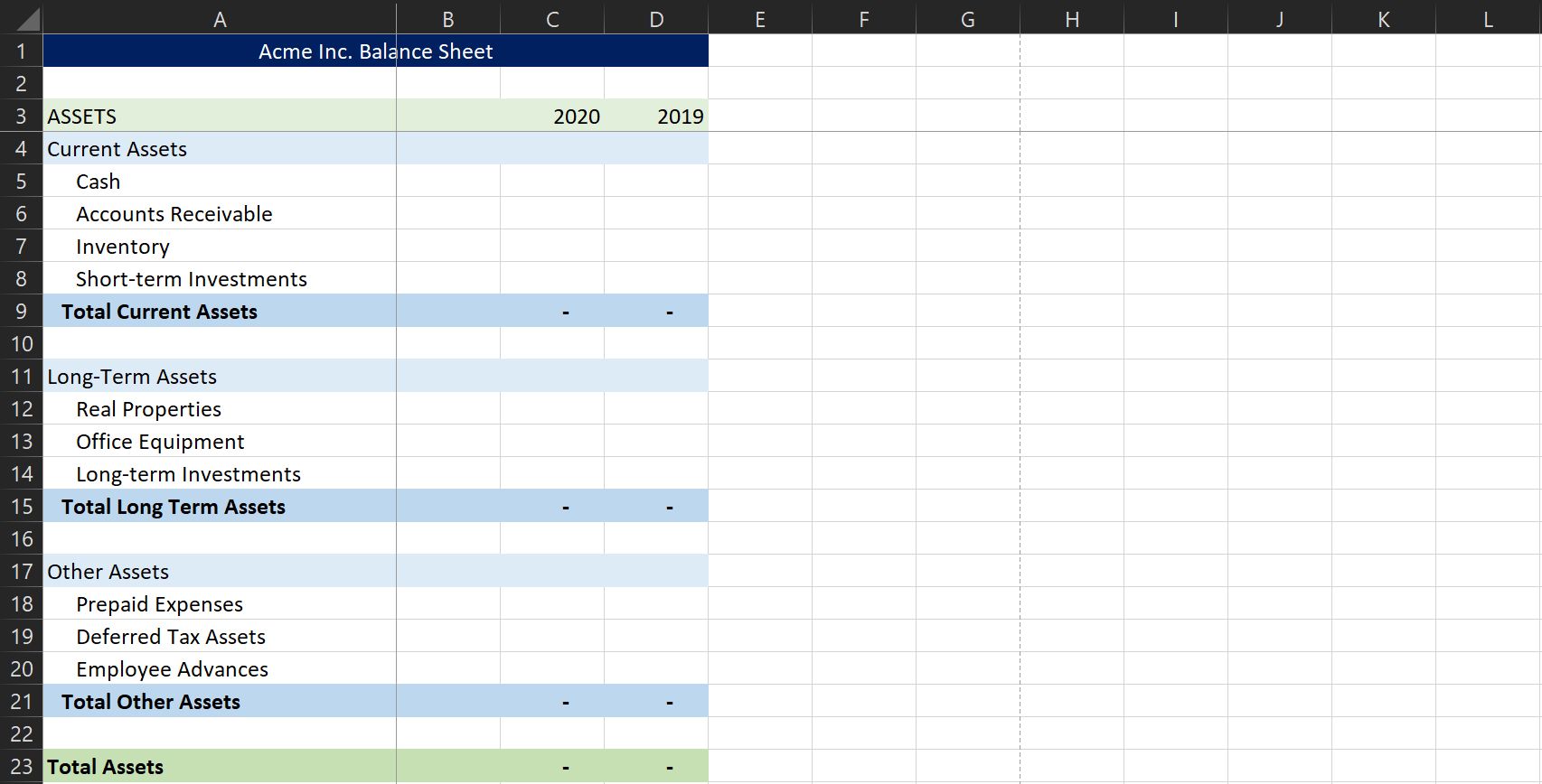 screenshot of assets view in Excel