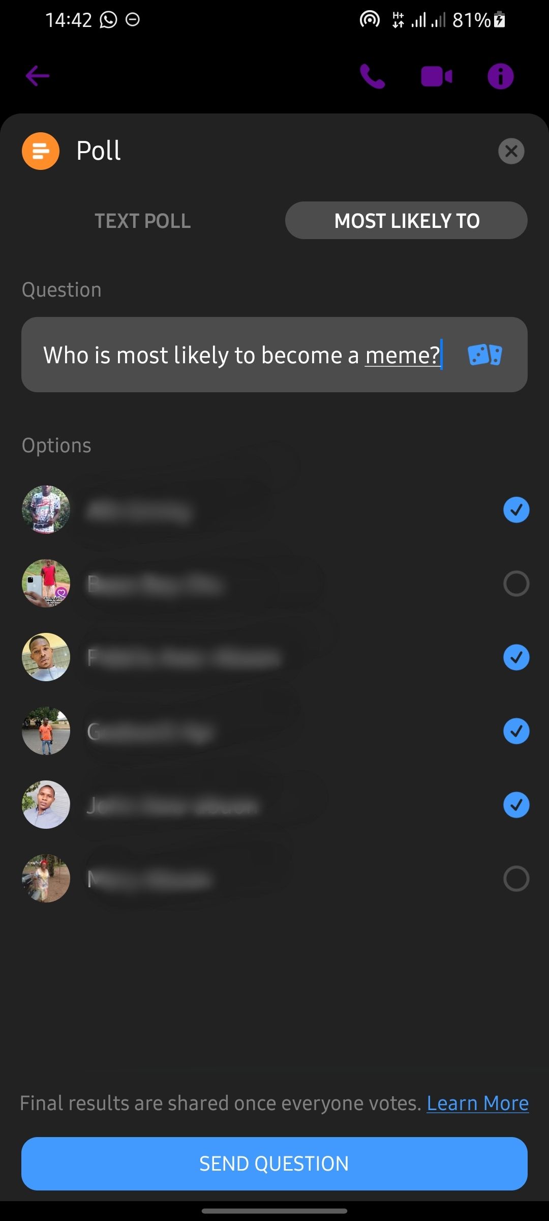 screenshot showing selected participants in a messenger poll