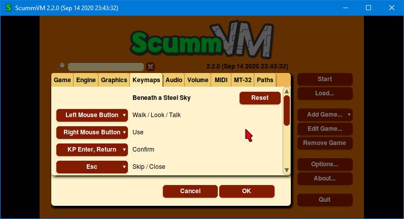 opzioni di mappatura scummvm