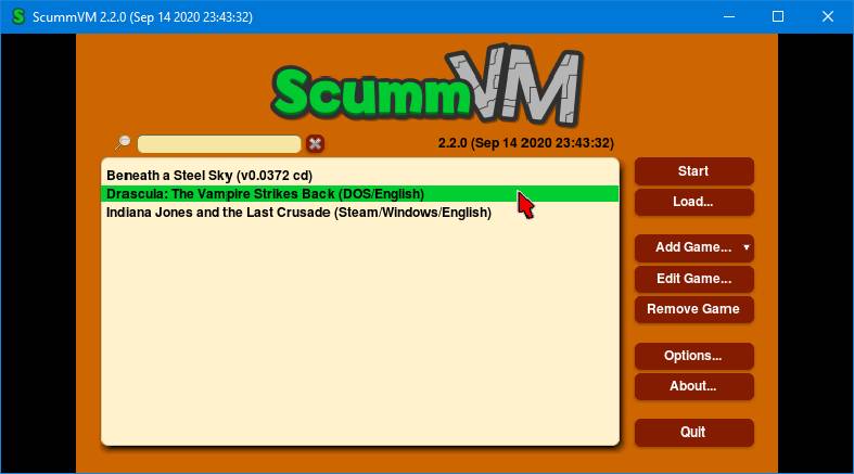 menu principale di scummvm