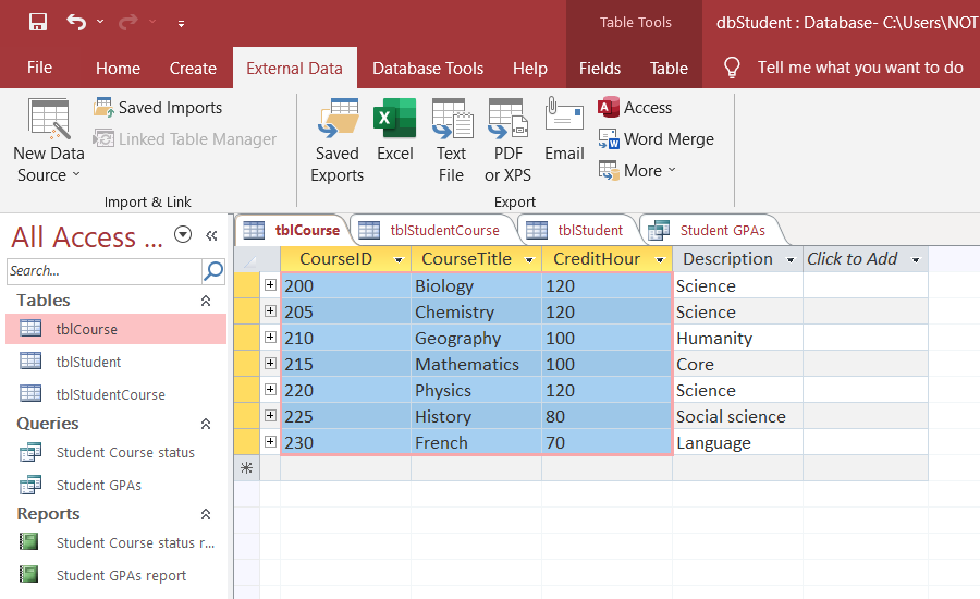 MS Access table with portions of data selected