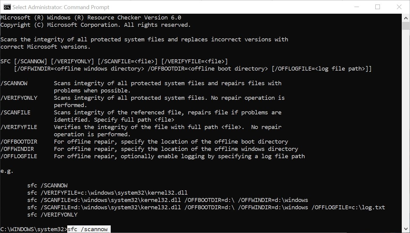 Running the System File Checker (SFC) using Command Prompt.