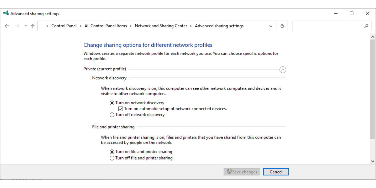 Advanced sharing settings in Windows 10