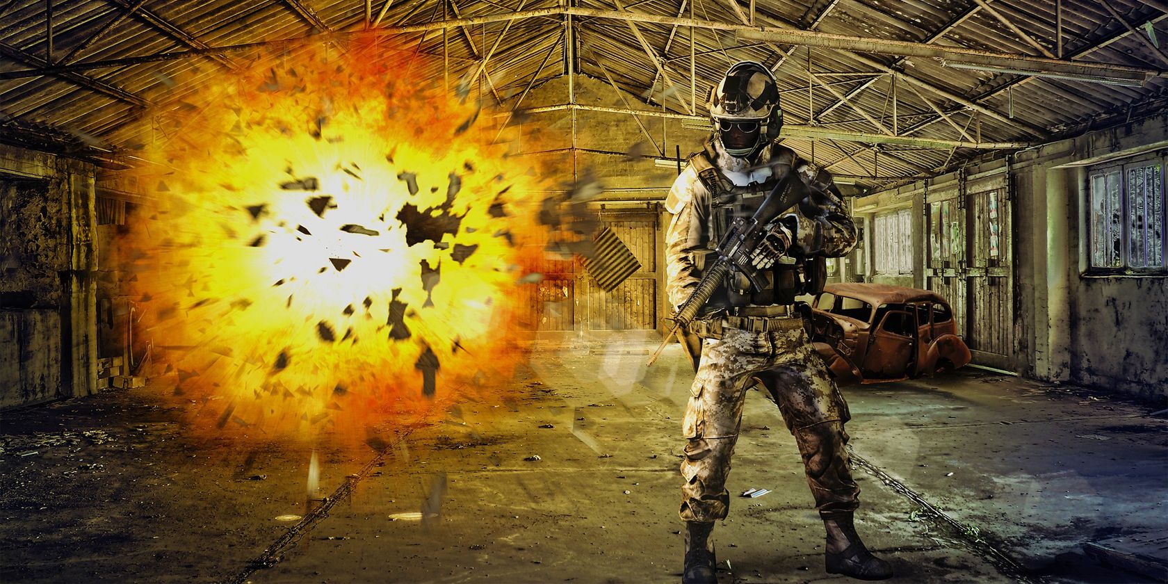 soldier in an abandoned warehouse with an explosion in the background