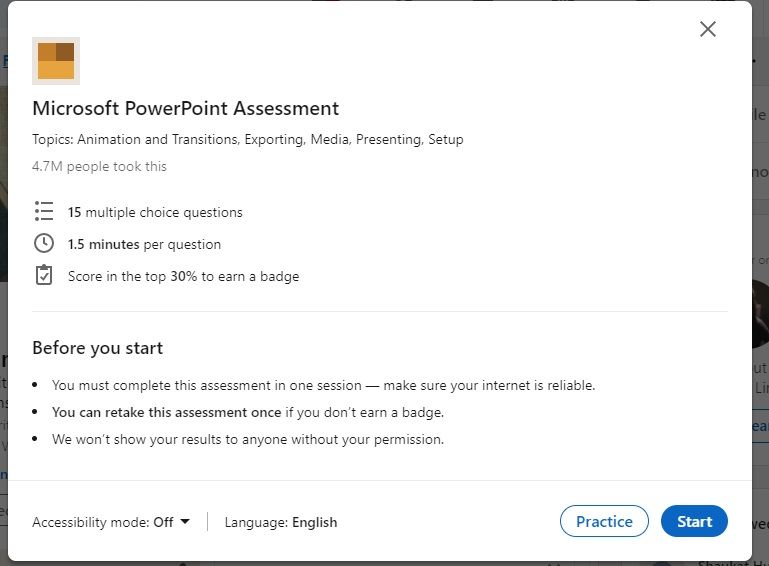 screenshot of specific assessment practice test on linkedin
