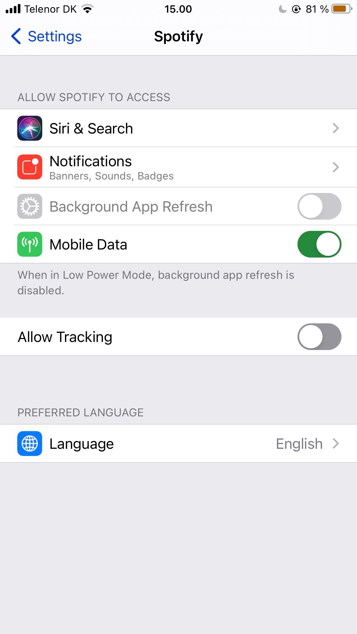 Screenshot showing how to change language for Spotify on iOS