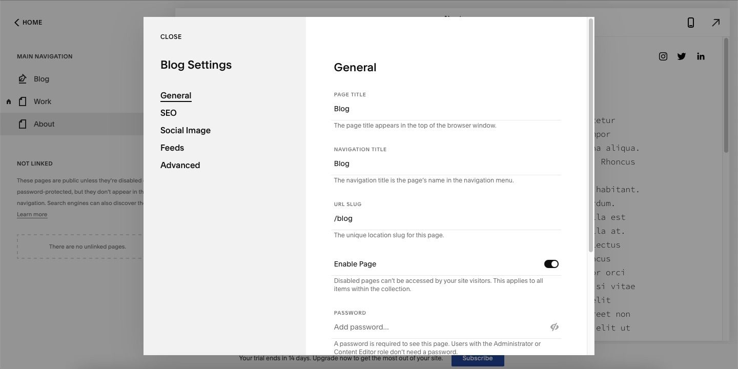 Screenshot showing the general settings on Squarespace