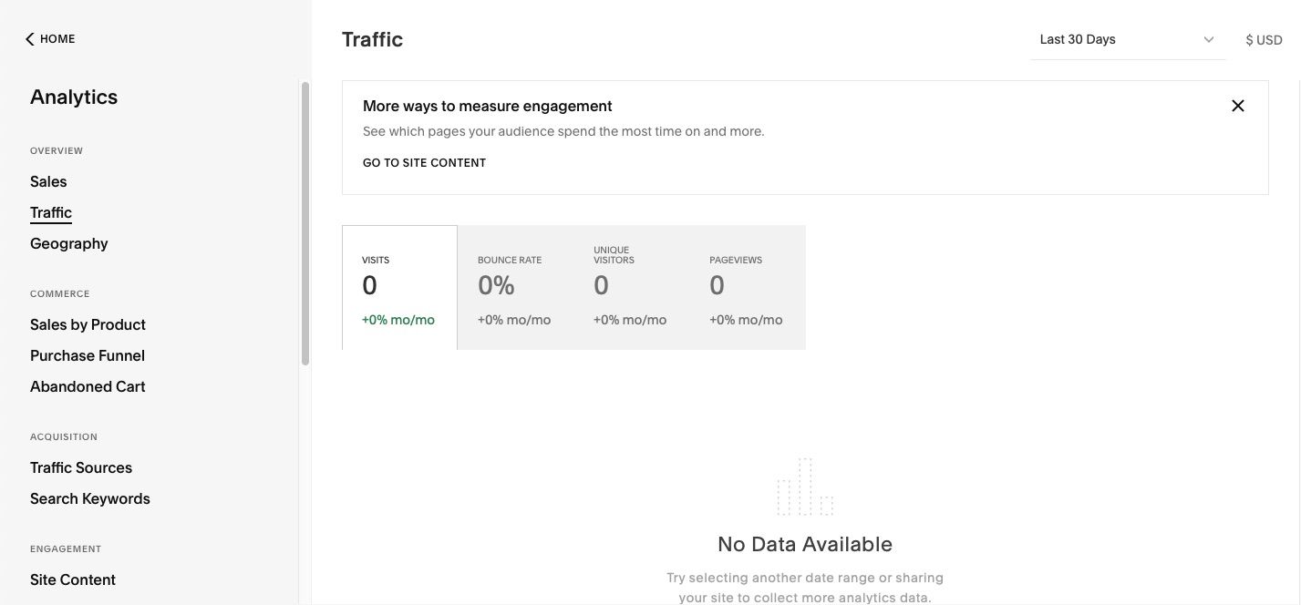 Screenshot showing the traffic section on Squarespace