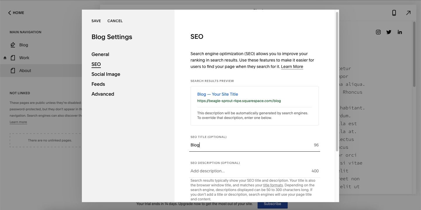 Screenshot showing the SEO options on Squarespace