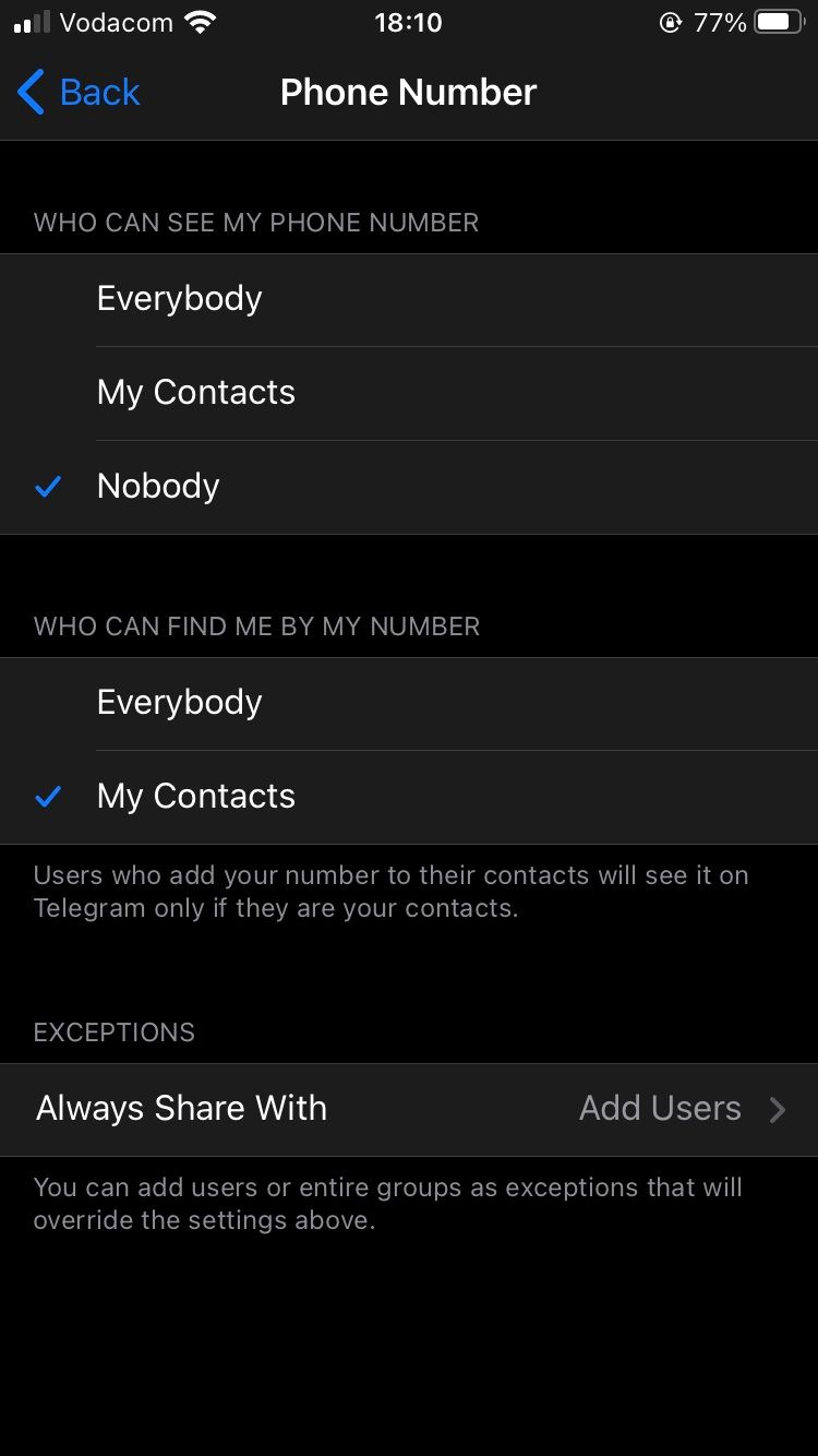 Telegram Phone Number Settings