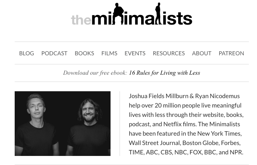 screenshot of The Minimalists website www.minimalists.com