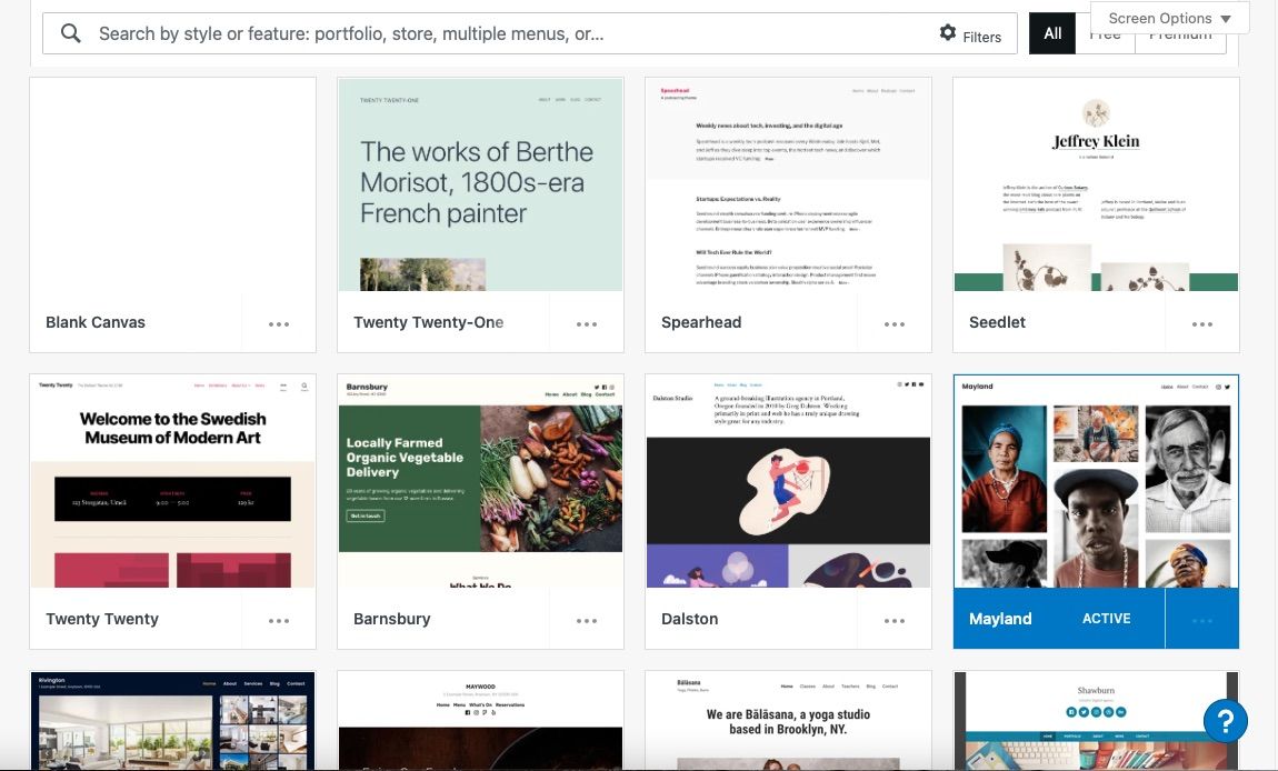 Screenshot of theme selection options on WordPress