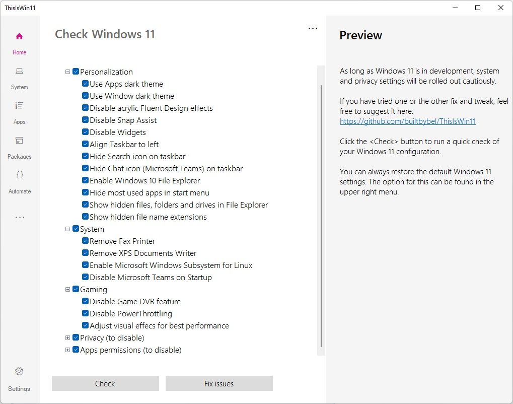thisiswin11 check windows 11 settings and debloat options