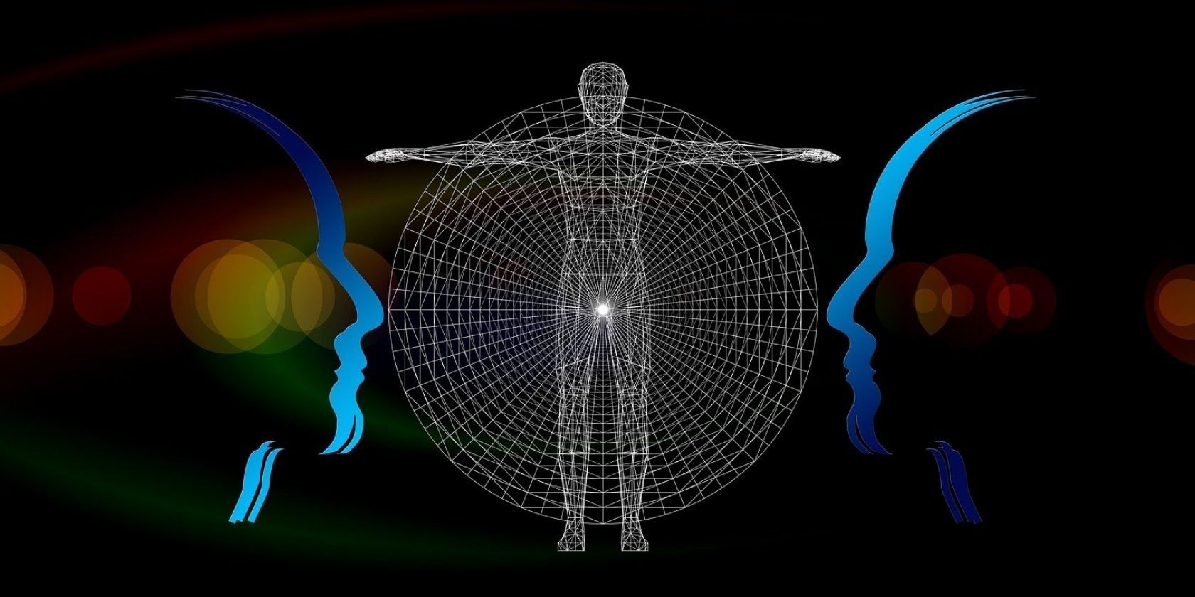 Diagram of two heads facing each other with a wireframe body between them
