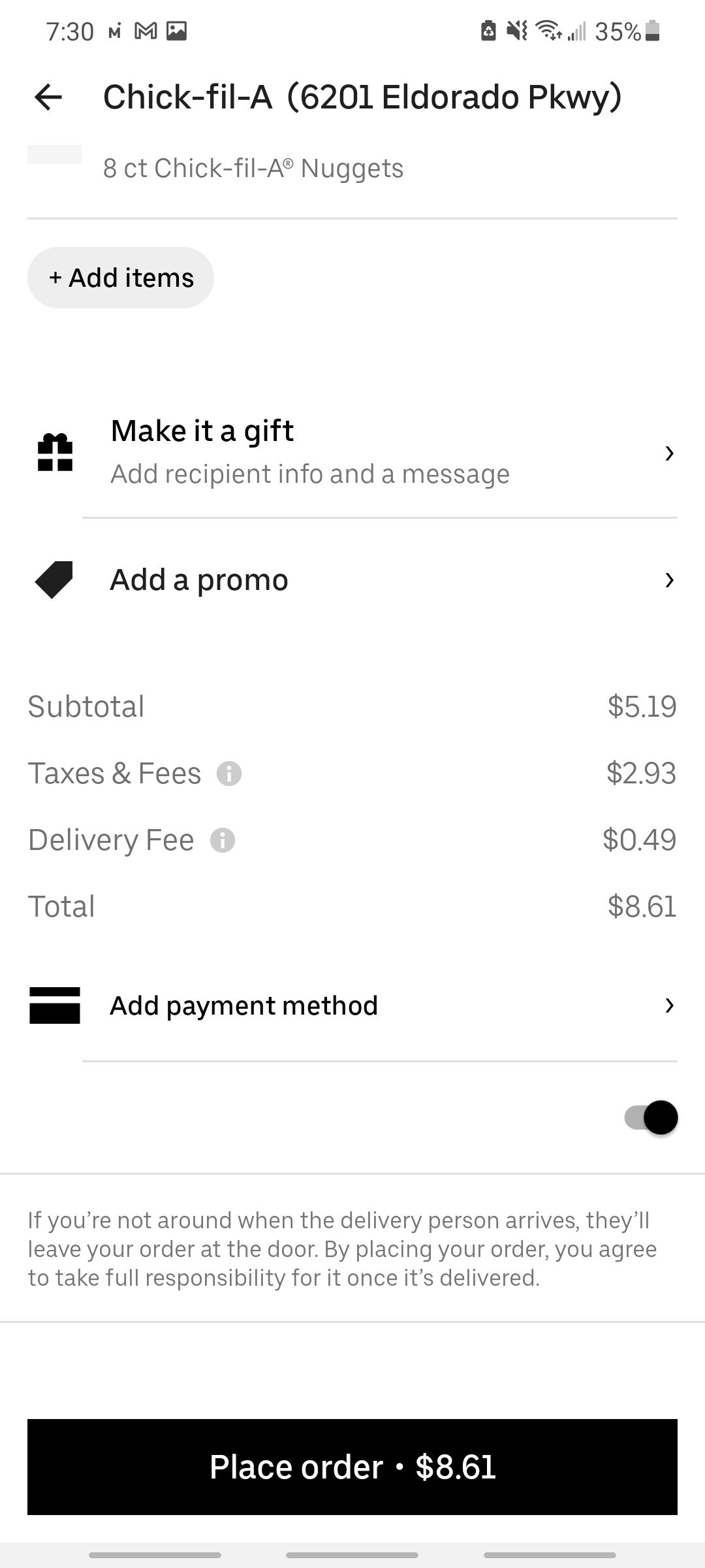 uber eats delivery screen showing the total