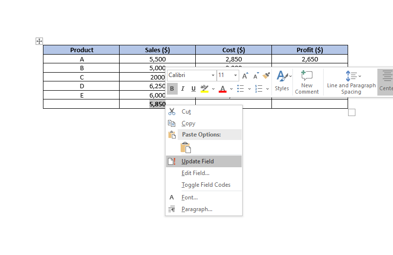 update field - Come utilizzare le formule di Excel nei documenti di Word