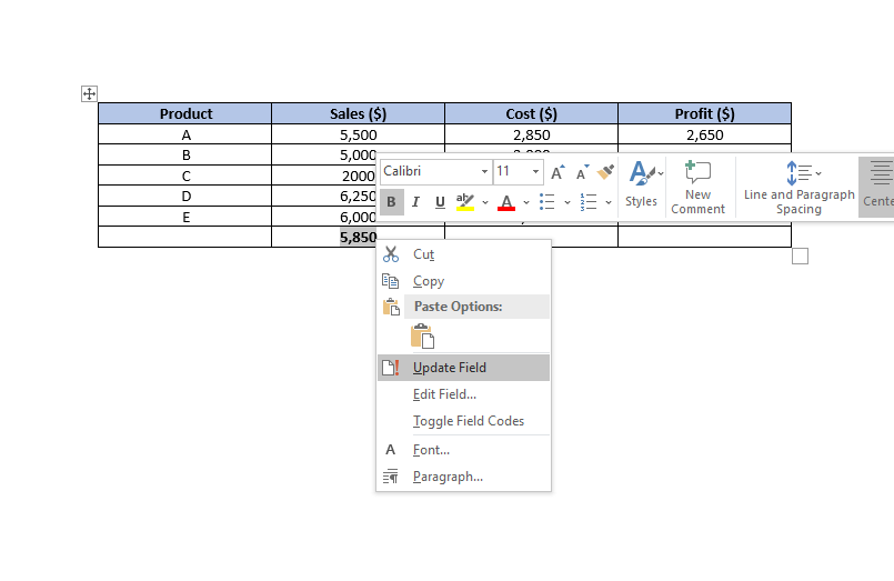 So verwenden Sie Excel-Formeln in Word-Dokumenten - update field