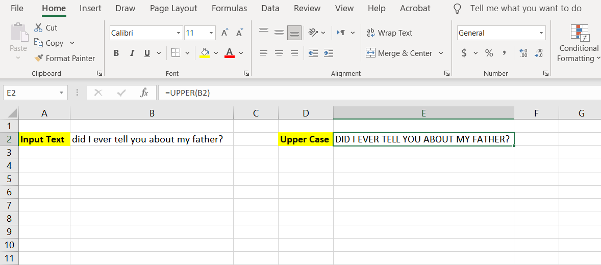 Usage of the UPPER function in Excel.