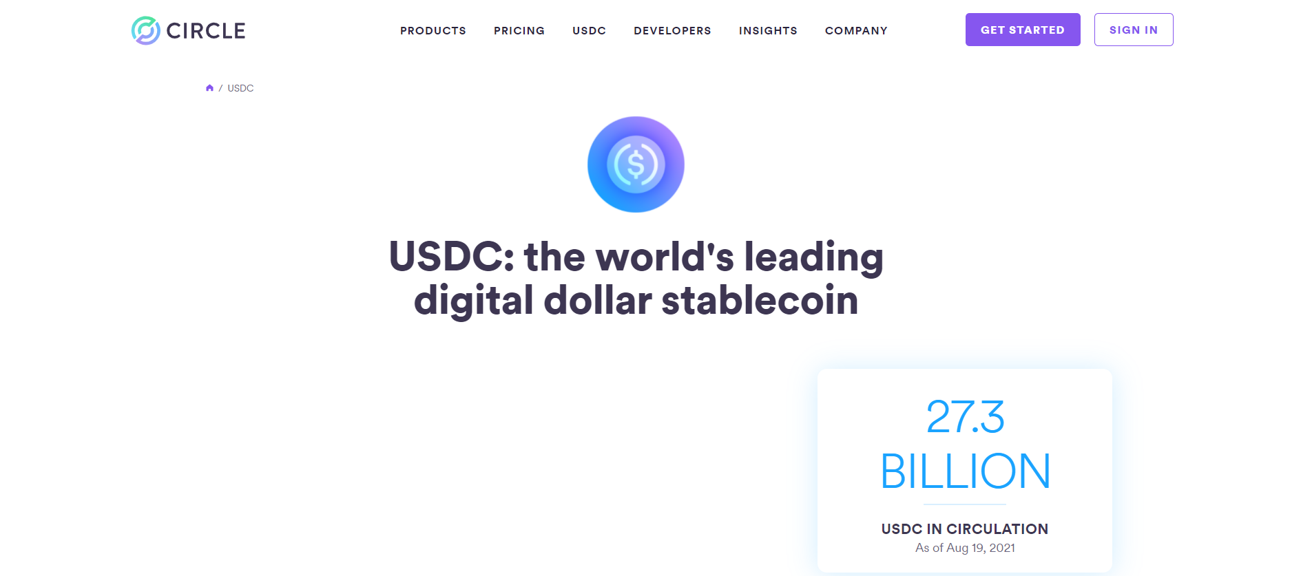 Screen capture of Circle's homepage about the USDC stablecoin