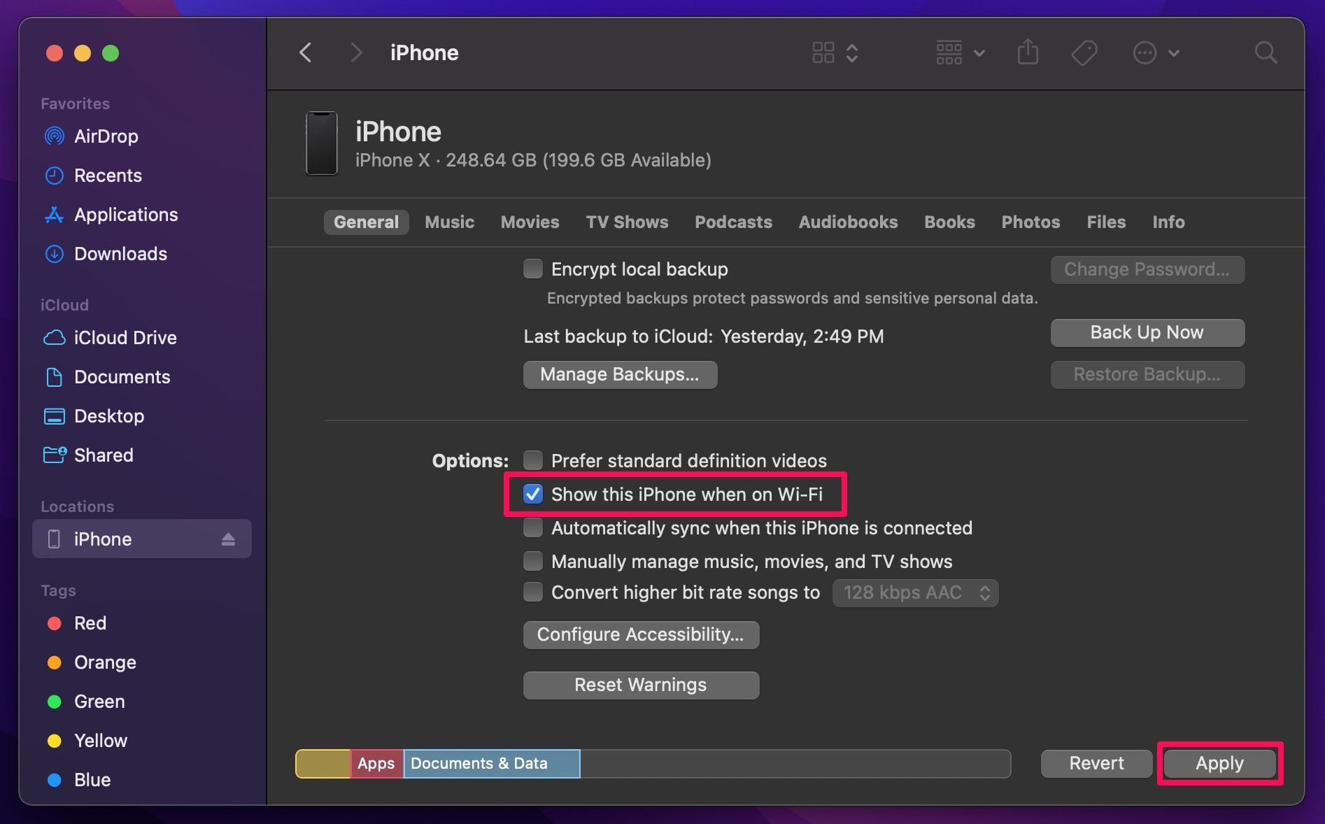 iPhone Wi-Fi Sync in macOS