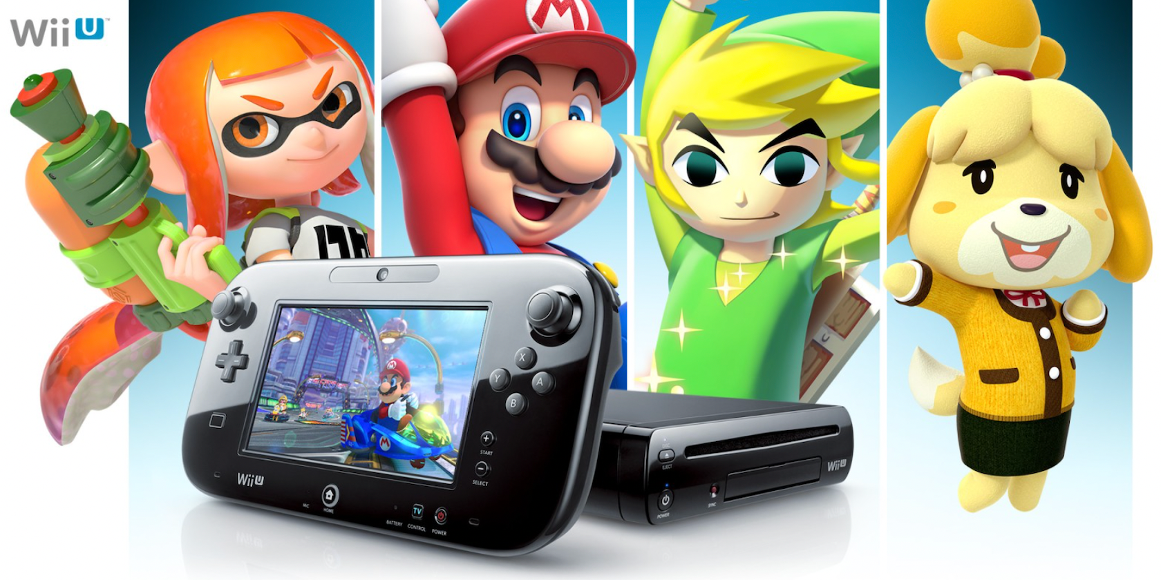 A Wii U with characters in the background like Link and Mario