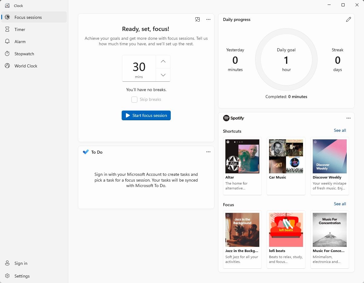 windows 11 focus sessions clock app home page