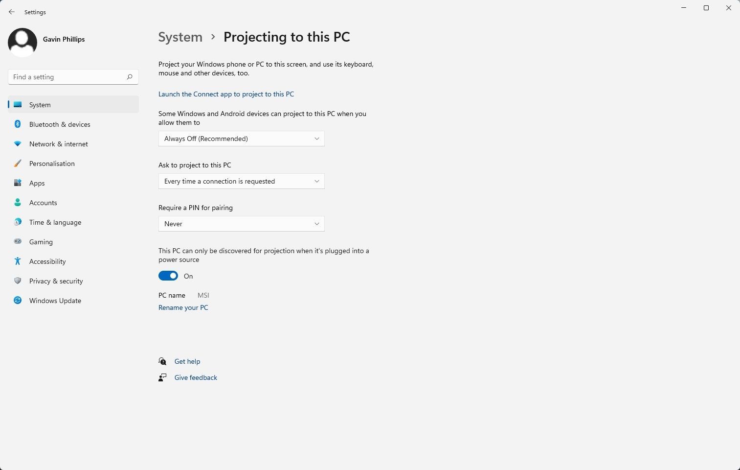 windows project to pc settings