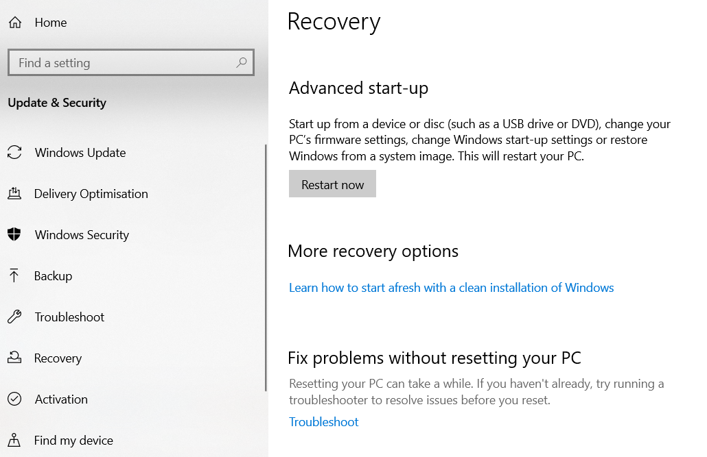 windows setting recovery