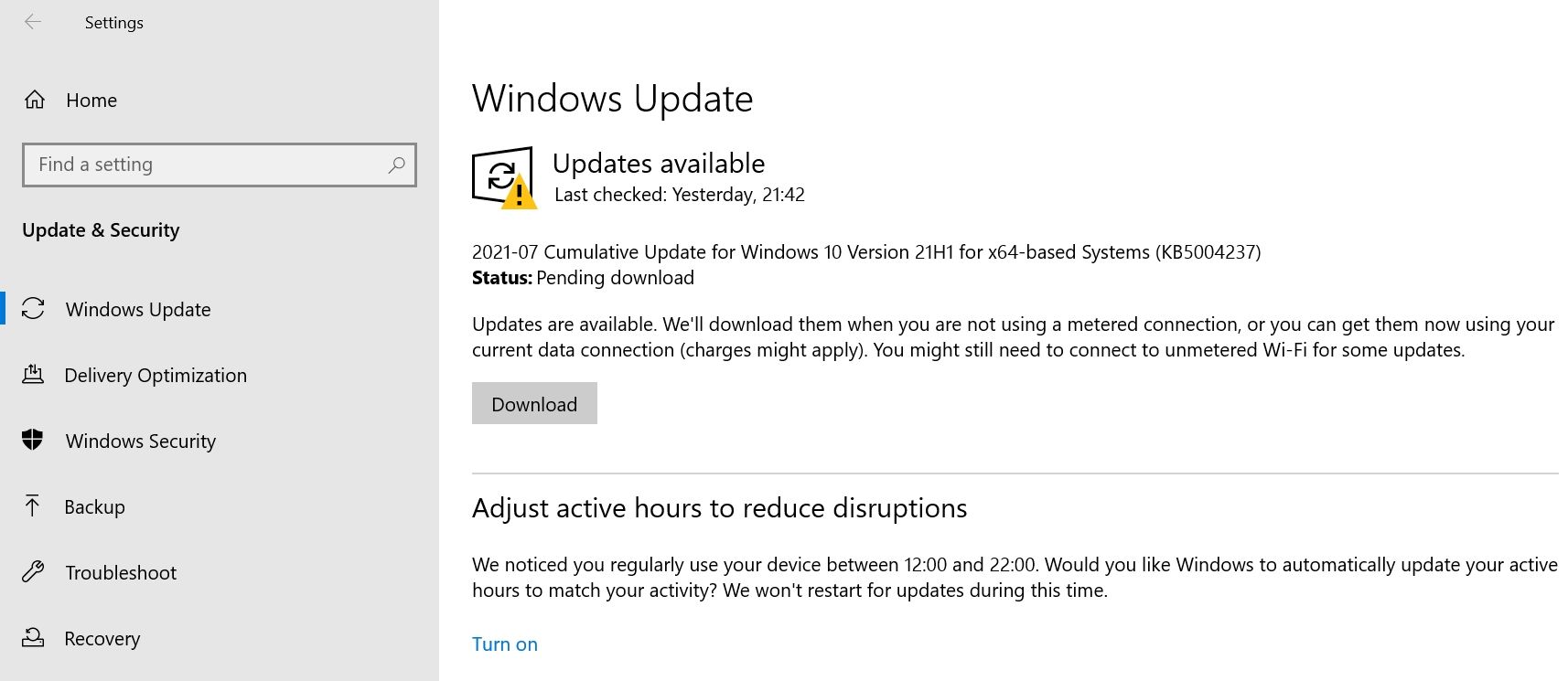 Windows Update screen in the Settings.