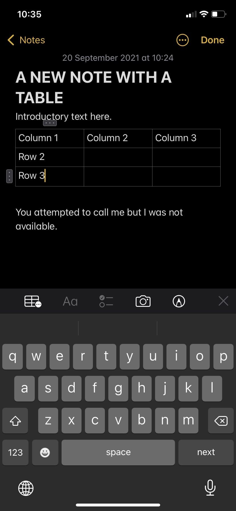 A note with a table in Apple Notes