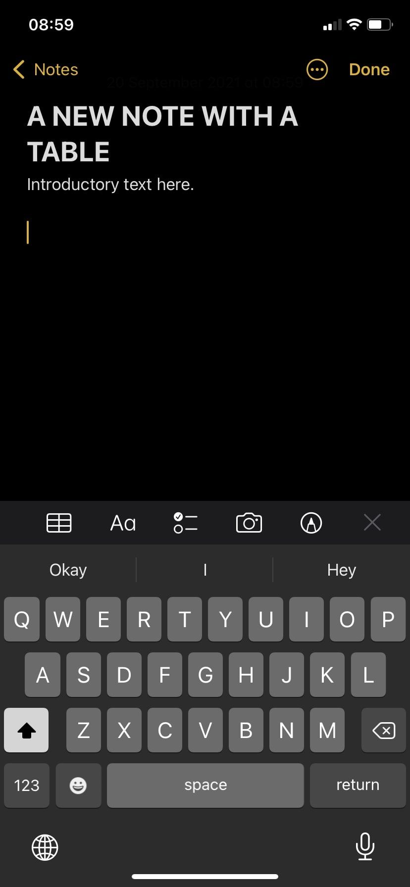 A note with text in Apple Notes