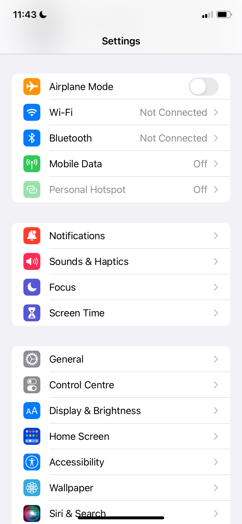 Home screen of the Settings app in iOS 15