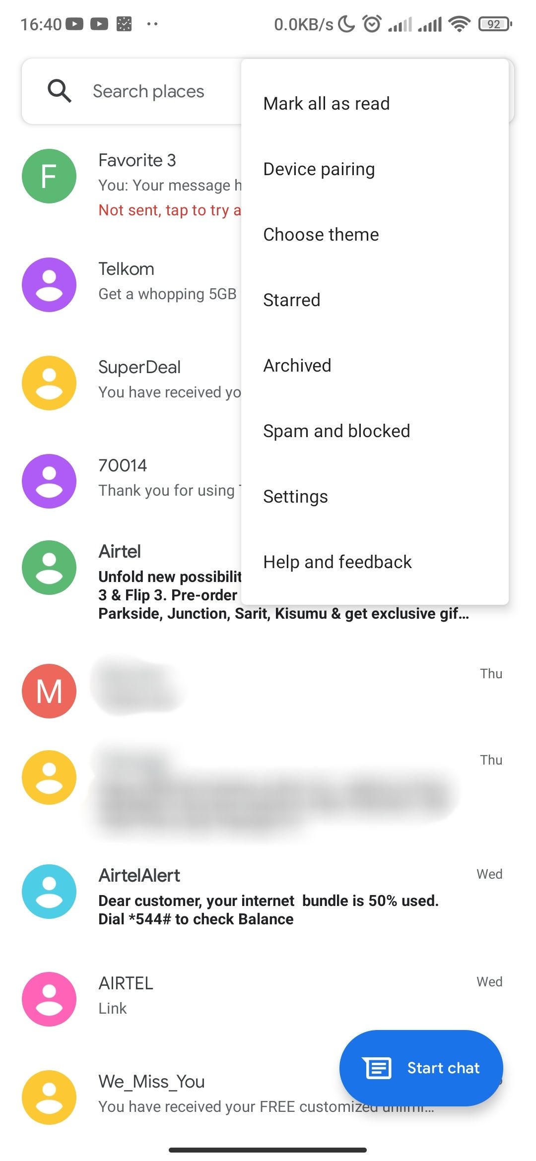 Google Messages settings menu