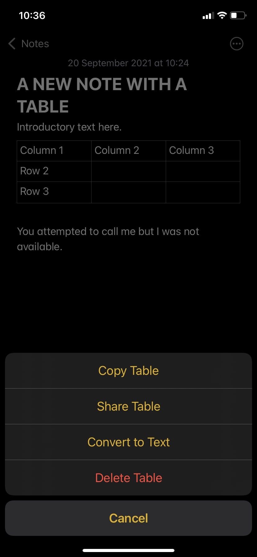 Pop-up menu to convert a table to text in Apple Notes