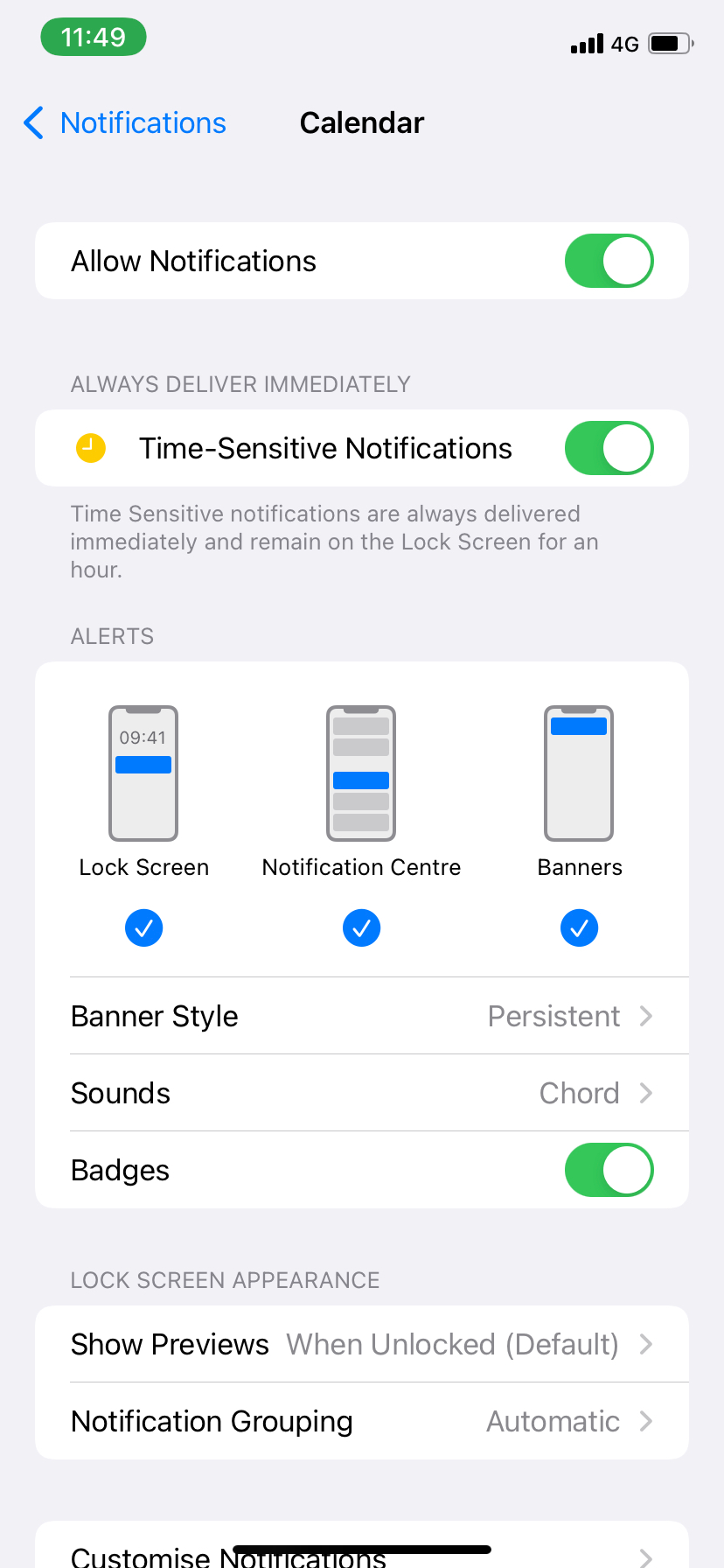 Calendar app with Time-Sensitive notifications enabled