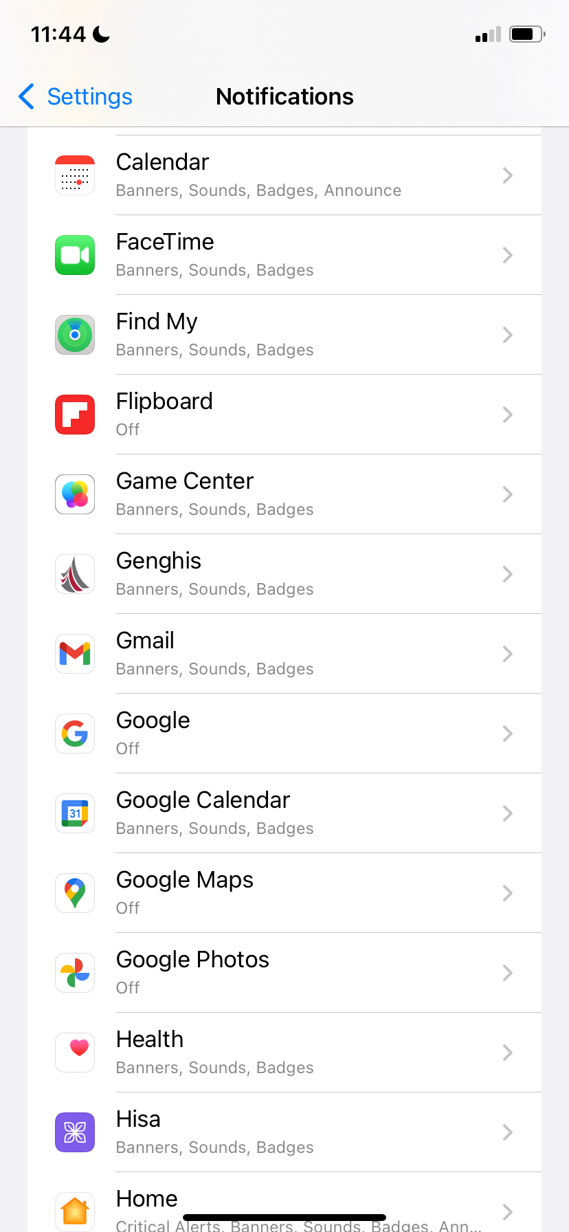 Notification settings page in iOS 15