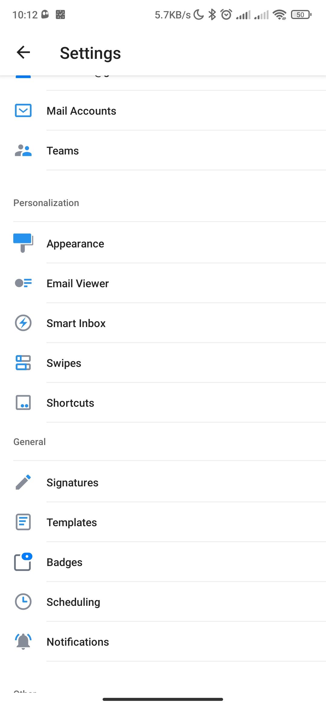 Spark Email Settings menu on Android
