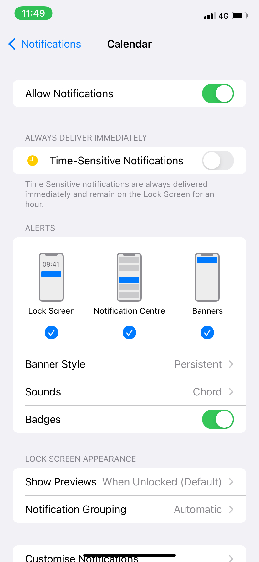 Disabled Time-sensitive notifications in Calendar app