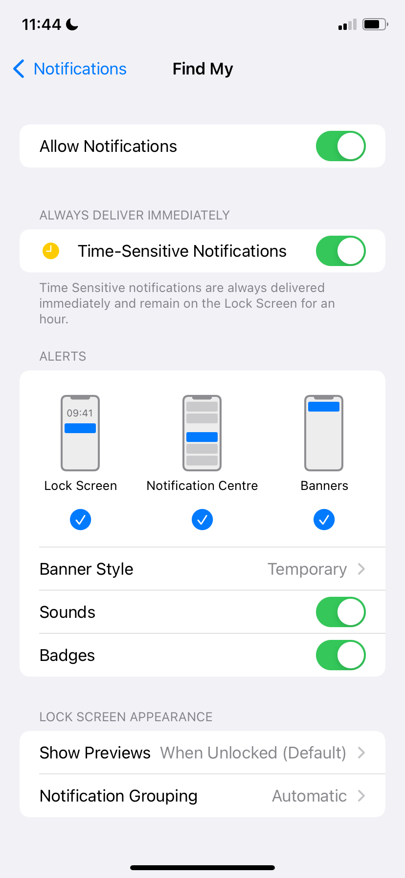 Find My app with Time-Sensitive notifications enabled