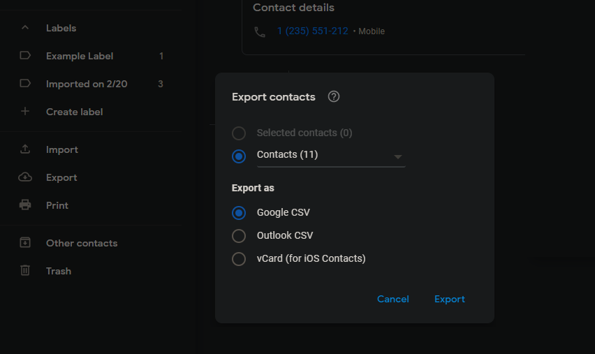 Export Google Contacts