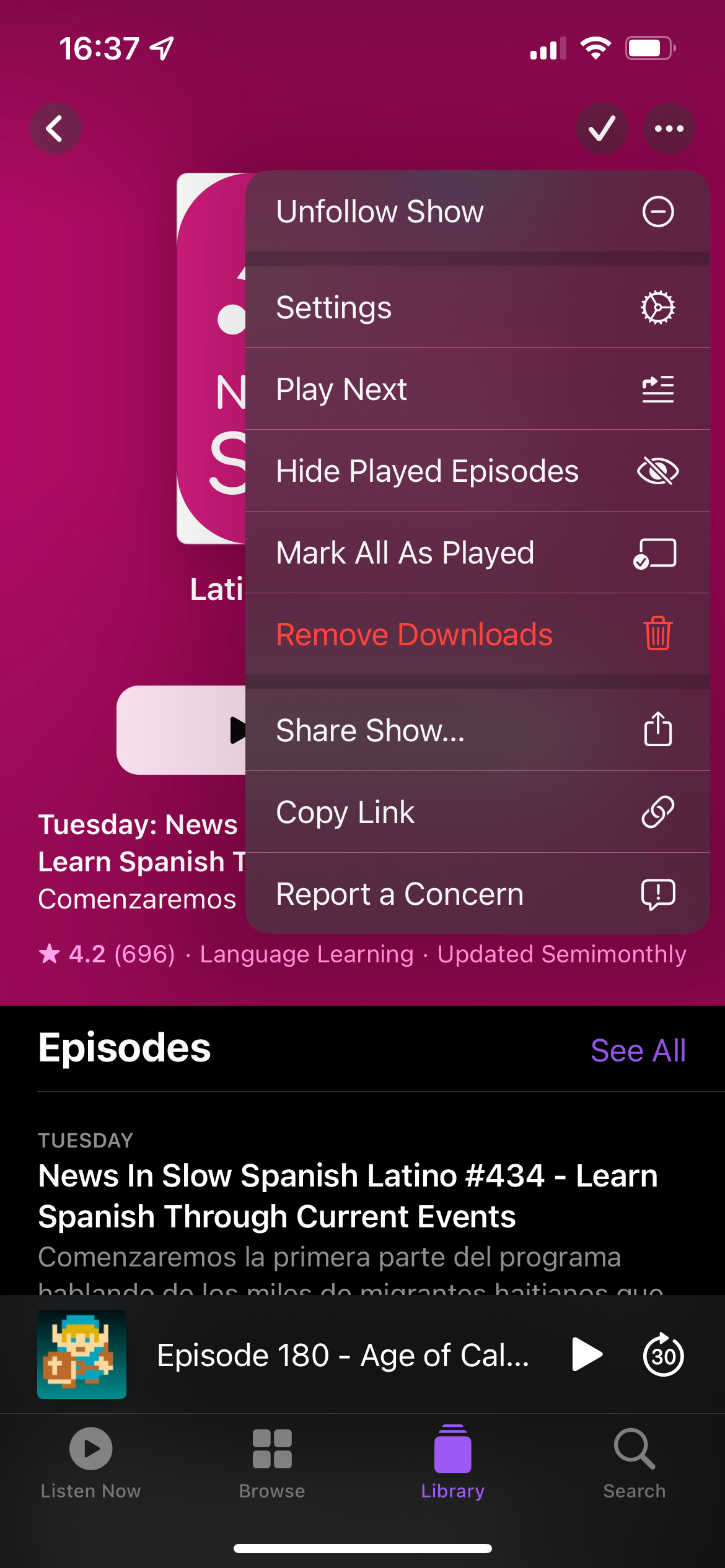 iPhone Podcasts Show Menu