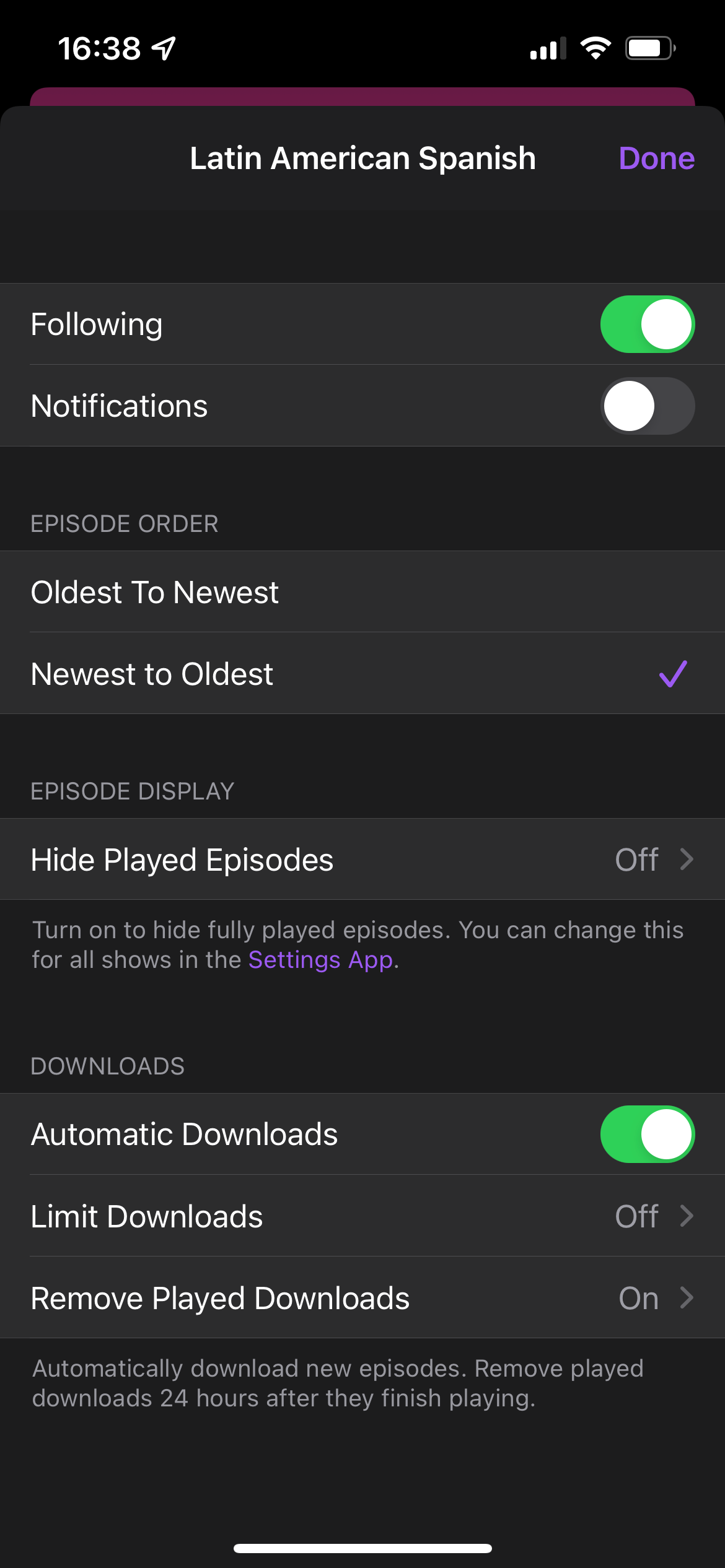 iPhone Podcasts Show Settings
